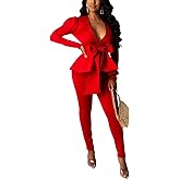 Remelon 2 Piece Outfits for Women Blazer with Pants Deep V Long Sleeve Slim Fit Ruffle Pelplum Business Suit