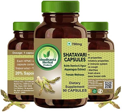 Shudhanta Herbal 100% Shatavari Capsules 800mg for Improving female reproductive health andboosts milk production during breast feeding-60 Herbal Vegetarian Capsules