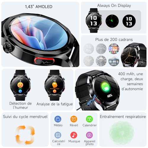 Lgnitek 2026 Nouv’ Montre Connectée Homme avec ECG+HRV/Pressιon artérιelle/IMC,1,43" AMOLED Smartwatch avec Fonction SOS,24/7 Fréquence Cardiaque/SpO2/Sommeil Monitor, IP68 pour Android/iOS