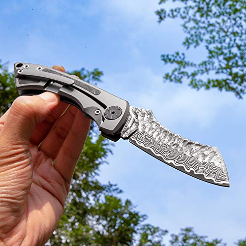 NEWOOTZ Damascus Steel Higonokami Folding Pocket Knife with Leather