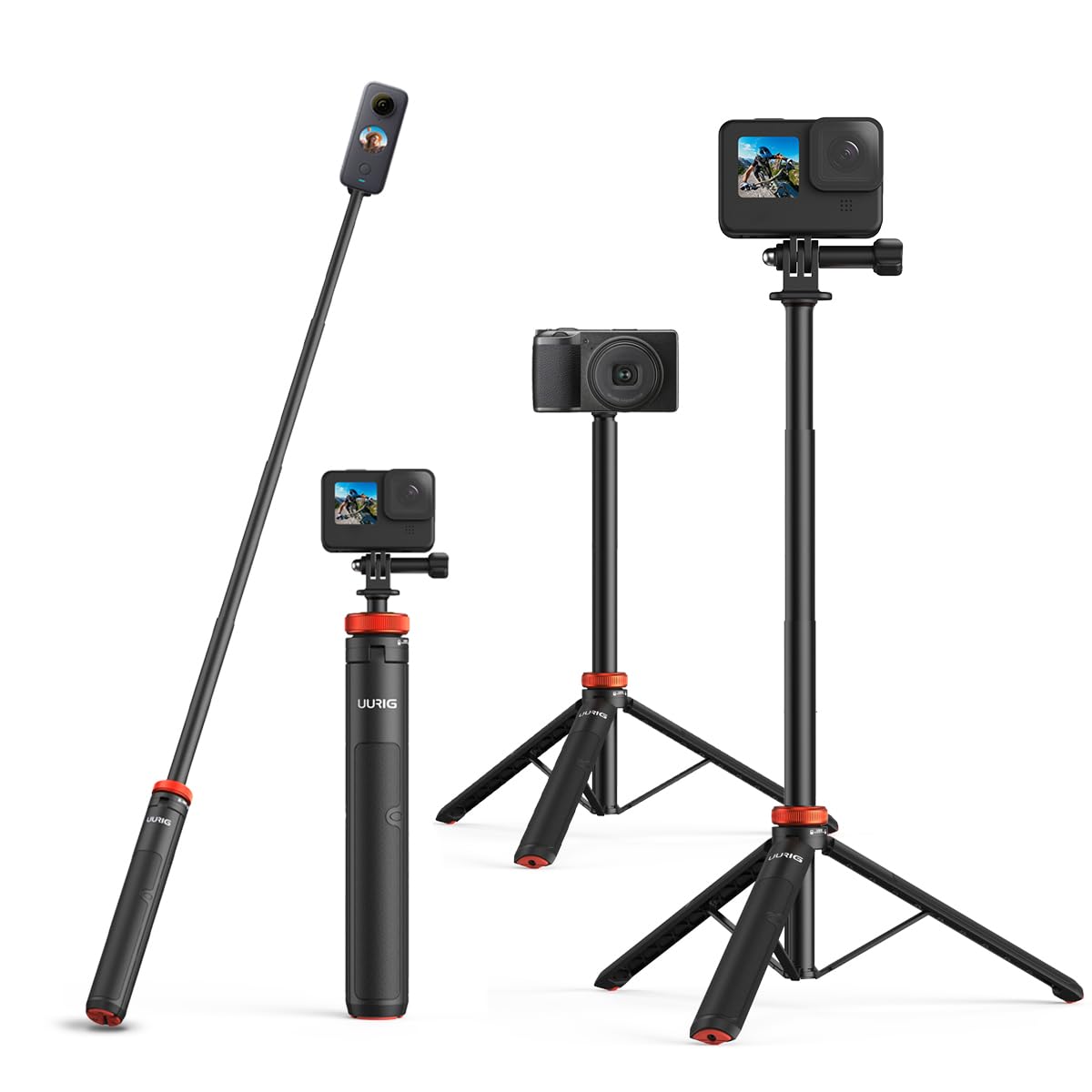 Photo 1 of UURig Telescopic Selfie Stick Long with Tripod, Waterproof Hand Grip, for Insta360 GoPro Hero 10 9 8 7 6 5 4 3 2, Fusion, Max, Session, AKASO, SJCAM, DJI OSMO GoPro
