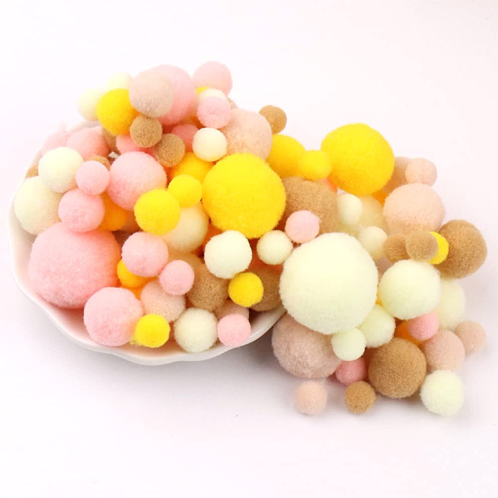 135 Colourful Pompoms for Crafts,10-30mmmini Pompoms Balls,Small Pompoms Balls,Fluffy Colourful Pom Pom Decoration Pompom Plush Balls Craft Accessories for DIY Crafts,Pink Khaki Yellow
