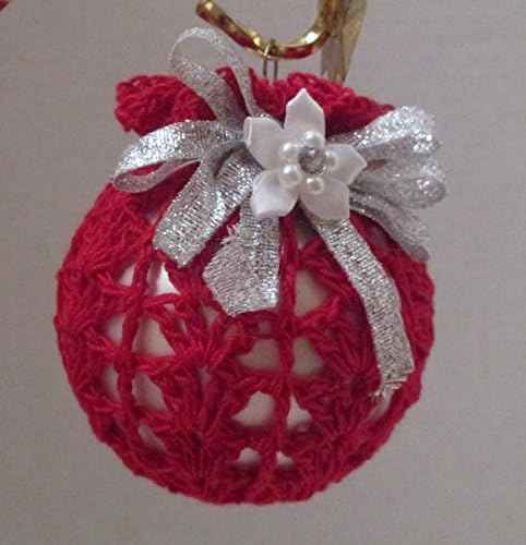 Crochet Covered Glass Ball Christmas Tree Ornament-Red over White