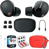 Sony WF-1000XM5 Industry Leading Noise Canceling Truly Wireless Earbuds (Black) Bundle with Silicone Case (Red), Memory Foam Ear Tips, USB-A to USB-C Cable & 1 YR CPS Enhanced Protection Pack