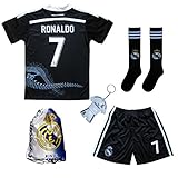 GamesDur Real Madrid RONALDO #7 Black Dragon Soccer Kids Jersey & Short & Sock & Soccer Bag Youth Sizes (13-14 Years)