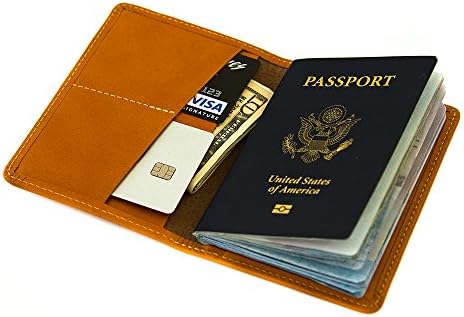 Harrison genuine leather passport travel wallet. Passport cover with card pockets, made in the USA by made In Mayhem (Saddle)