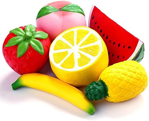 6pcs Jumbo Squishies Slow Rising Fruit Lemon Peach Pineapple Strawberry Banana Watermelon Squeeze Kawaii Scented Charms Hand Wrist Stress Relief Toys for Kids Girls Boys and Party Favors