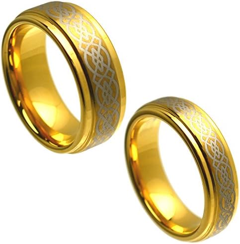 Wedding Band Ring Set For Him &amp; Her - 8MM/6MM Tungsten Carbide Gold Plated Step Edge with Celtic Knot Design Center