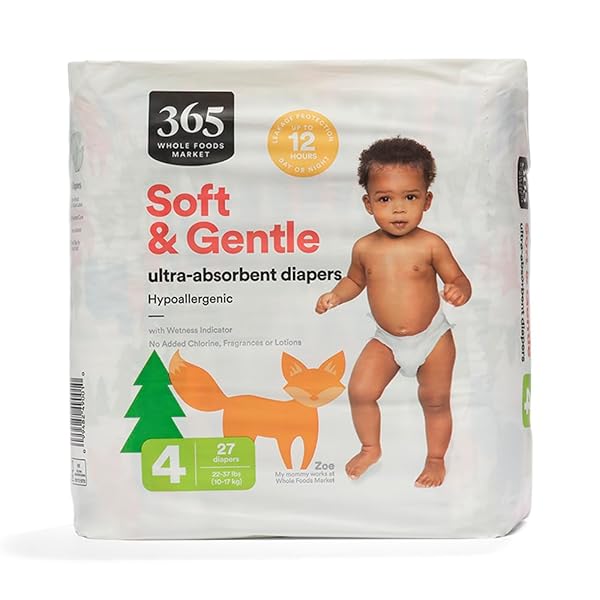 365 BY WHOLE FOODS MARKET, SOFT & GENTLE SIZE 4 DIAPERS WITH WETNESS INDICATOR, ULTRA-ABSORBENT, HYPO-ALLERGENIC, ULTRA-ABSORBENT, 27 COUNT