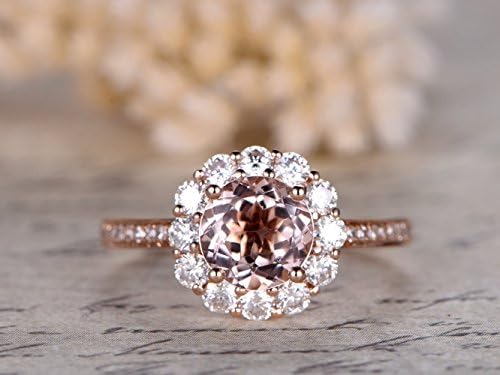 7mm Round Cut 1.2ctw VS Natural Pink Morganite Solid 14k Rose Gold Charles &amp; Colvard Moissanite Halo Floral Antique Design Art Deco Engagement Ring Bridal Proposal Diamond Wedding Band Size 4-9