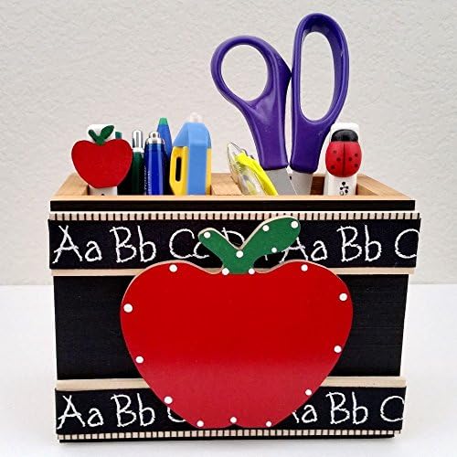 WOODEN CADDY/ORGANIZER, AA-R24 ABC - w/APPLE & ABC DESIGN, 6.5"x4.75"x3.35" A TWO PARTITION ORGANIZER made in USA. TEACHER APPRECIATION GIFT. Accessories are not included unless specified.