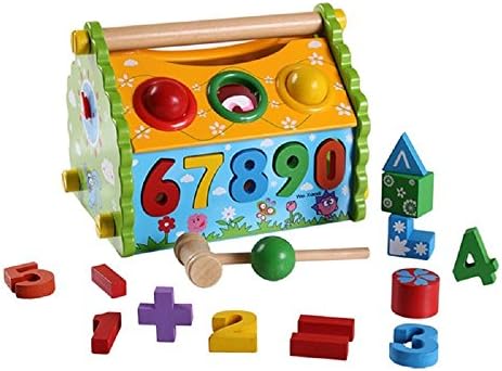 HC Wooden House Shape Sorting For Baby Learning Numbers to Matching the Holes 26 Pieces Multifunctional Wooden Digital Geometric Stacker Blocks Shape Sorting Box Building Blocks Toys for Toddlers