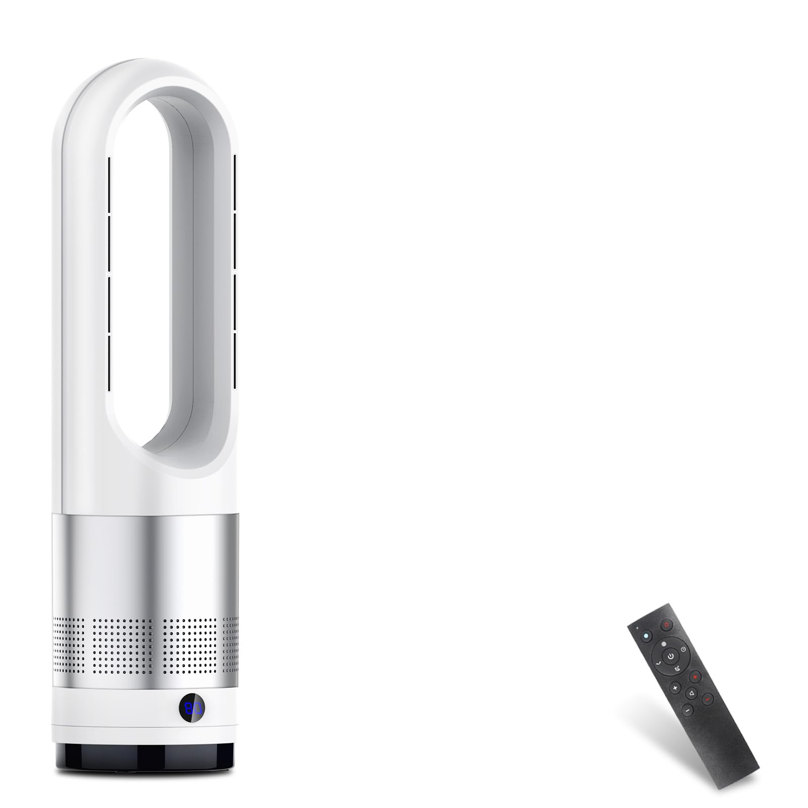 【2025新型冷暖兼用・羽根なし】扇風機 タワーファン ８段階送風＆3段階温風切替 左右100°首振り 9Hタイマー機能 温風 冷風 広範囲送風 羽根なし型 リビング扇風機 強力送風 大風量 リモコン付 暖風送風 ファンヒーター 過熱保護 転倒安全装置 即暖 省エネ 節電 子供部屋/リビング/寝室/書斎/キッチン/脱衣所/洗面所/トイレ/オフィス用 日本語説明書 PSE認証済み (ホワイト)商品画像