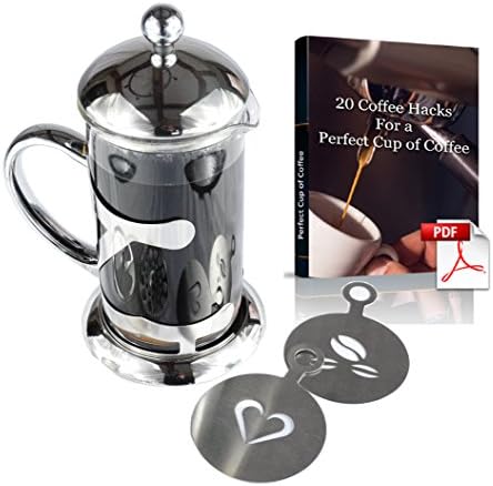 CalCore Stainless Steel French Press Coffee Maker With Two Stainless Steel Coffee Art Template Stencils