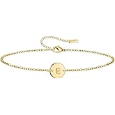 Initial Charm Bracelets 18K Gold Plated Stainless Steel Dainty Small Round Coin Disc Initial Bracelet Engraved Letters Personalized Name Bracelet for Women