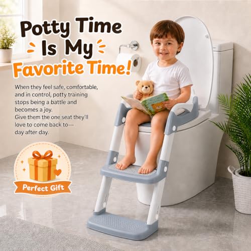 Adaptador Wc Niños - Reductor Wc Niños - Pedal Ampliado y Antideslizante | Fácil de Montar y Guardar | Altura Ajustable | Protector Antisalpicaduras | Asa | para Niños Niñas en el Baño - Gris