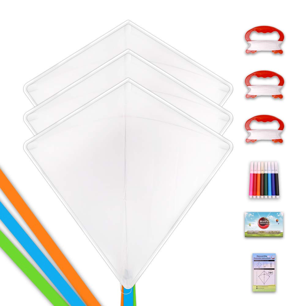 Mint's Colorful Life DIY Kites for Kids Making Kit Bulk, Decorating Coloring Kite Party Pack,White Diamond Kite Kits (3 Pack)