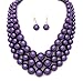 Women's Faux Pearl Three Multi-Strand Statement Necklace and Earrings Set (Purple)