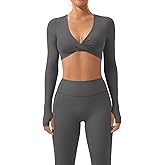 SUUKSESS Women 2 Piece Workout Sets Long Sleeve Twist Deep V Crop Padded Tops Yoga Leggings with Side Pockets