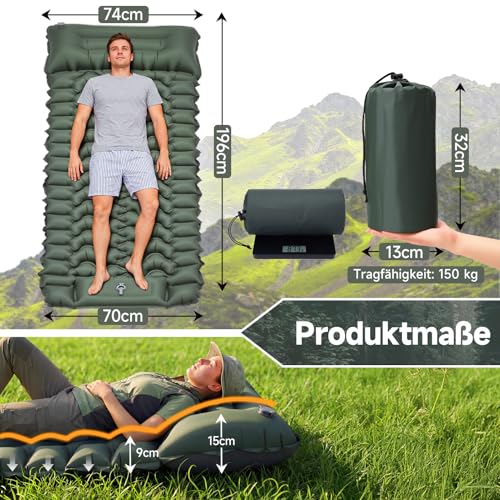 HAUSPROFI Sleeping Mat Camping Air Mattress Extra Wide Ultralight Inflatable - with Integrated Cushion & Foot Pump, 196 x 70 x 9 cm, 40D TPU, Small Pack Size for Outdoor & Travel