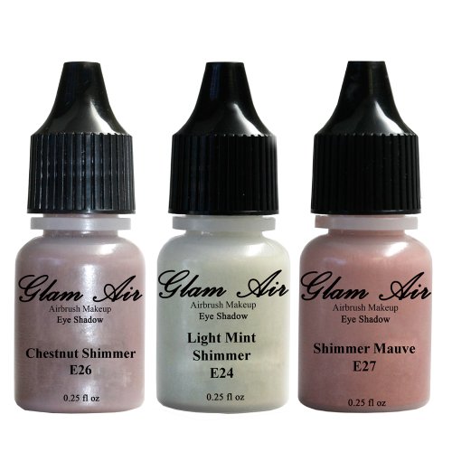 Glam Air Set of 3 Airbrush Eye Shadow Colors- Chestnut Shimmer, Light Mint Shimmer & Shimmer Mauve Airbrush Water-based 0.25 Fl. Oz. Bottles of Eyeshadow