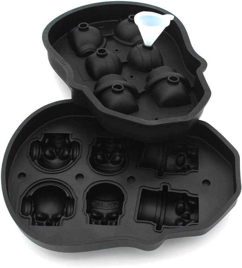 3D 6 holes Skull Flexible Silicone Ice Cube Mold Tray, Makes six Giant Skulls, for Halloween Frozen Party Home Candy chocolate Mold eer, Perfect for Parties