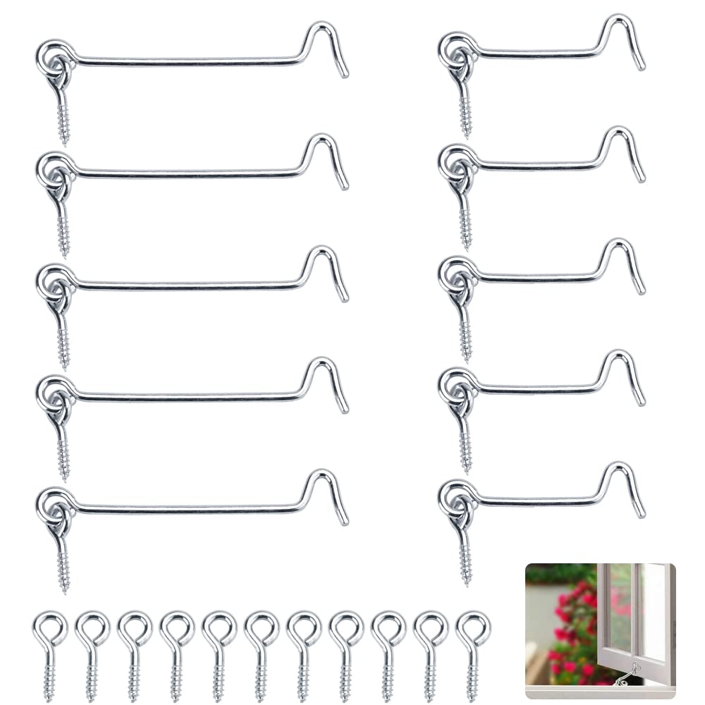 QUCUMER 10 Pcs Hook and Eye Latch, 2.5inch/4inch Cabin Hook Heavy Duty Swivel Lock for Barn Door, Metal Gate, Window, Closet, Shed