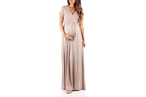 Mother Bee Maternity Short Sleeve Ruched Waist Faux Wrap Maxi Dress