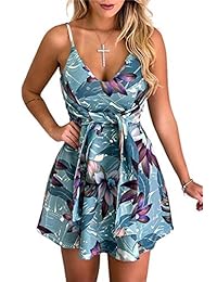 Casuress Vestido de mujer con cuello en V y correa de espagueti floral, con nudo frontal, plisado