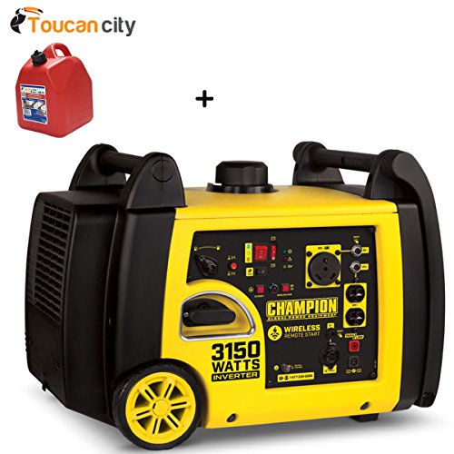 Toucan City Gas Can and Champion Power Equipment 3150-Watt Gasoline Powered Wireless Remote Start Inverter Generator with Champion 171cc 4-Stroke Engine 100477