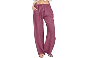 LEHOZIHEQ Women's Cotton Linen Palazzo Pants Summer Solid Trousers Elastic High Waist Wide Leg Pants with Pockets