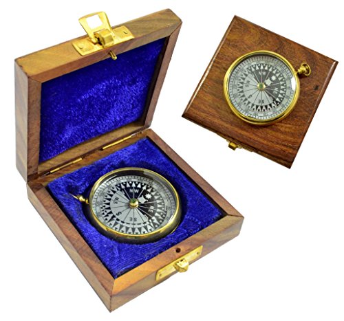 Brass nautical magnetic pocket compass in wood box
