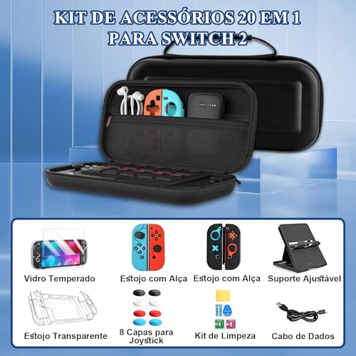 Case para Nintendo Switch 2, 25 em 1 Acessorios para Switch 2 (2025), com Pelicula, Capa Protetora Rígida Portátil e Estojo para Switch 2 e Protetores de TPU para Joycon
