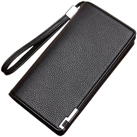 Mens Retro Litchi Pattern Long Wallet Purse Card Holder Bifold PU Leather Notecase Cellphone Pouch with Wrist Strap (Black)