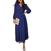 BLENCOT Womens Casual Long Sleeve Tiered V Neck Dress Pleat Ruched Ruffled Dress Solid Color Flowy Swing Midi Long Dresses