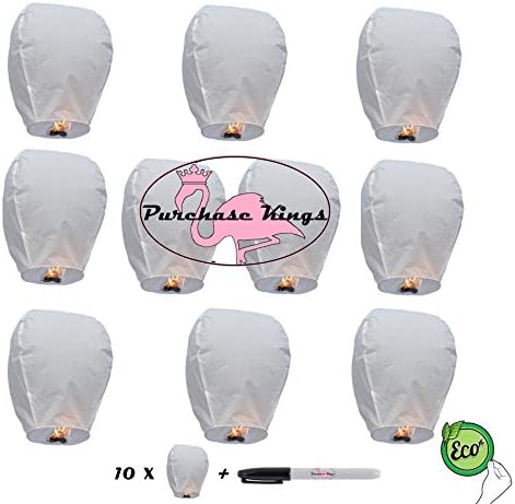 Purchase Kings 10 ECO Friendly Quick lighting, High Flying, Easy to use Chinese Sky Lanterns + Black Marker (Set of 10 White Lanterns) WEDDINGS, NEW YEARS, GENDER REVEALS, 4TH OF JULY, MEMORIALS