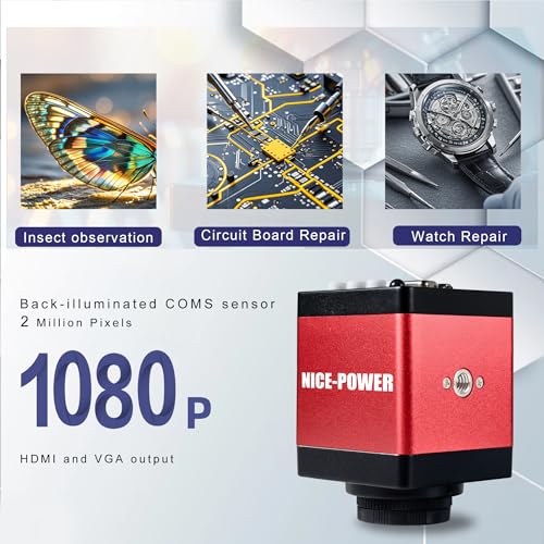 NICE-POWER Microscopio Digital, 13MP 1080P HDMI Tipo-C/USB Cámara Microscópica de Vídeo Industrial para Microscopios, Objetivo con Montura C y Zoom 150X, Soporte Plegable, Luz LED