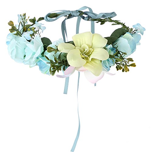 Felice Arts Handmade Boho Flower Headband Hair Wreath Halo Floral Garland Crown Headpiece with Adjustable Ribbon Festival Wedding Party, Blue