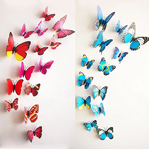 Amaonm® 96pcs 8 Packages 3d Butterfly Wall Stickers Murals Removable DIY Butterflies Wall Decals Wall Art Decor for Kids Babys Boys and Girls Bedroom Living Room Office Classroom (Rose&blue)