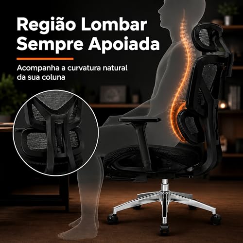 Laruno Cadeira de Escritório Ergonômica NR17 Giratória com Apoio de Pés Cadeira Gamer Presidente Suporte Lombar Adaptável Encosto Ajustável 6 Níveis Braço 3D Malha Mesh Respirável Suporta até 200kg