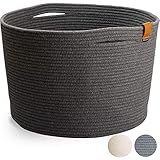 DENJA & CO Canasta grande de cuerda de algodón - Canasta tejida para zapatos para entrada Canasta decorativa para almacenamiento en el piso para zapatos, juguetes para mascotas, ropa para lavar o mantas |  Gris carbón (17,7 x 11,4 pulgadas)