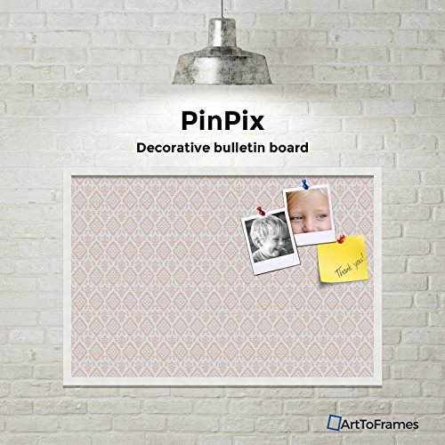 PinPix custom printed pin cork bulletin board made from canvas, Ikat Vintage Grapefruit 36x24 Inches 2 x 3 ft and framed in Satin White Frame (PinPix-1600-36x24_FRBW26074)