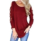 LOSRLY Women Cut Out Criss Cross Cold Shoulder Long Sleeve Blouse T Shirts and Tops-Red M 8 10