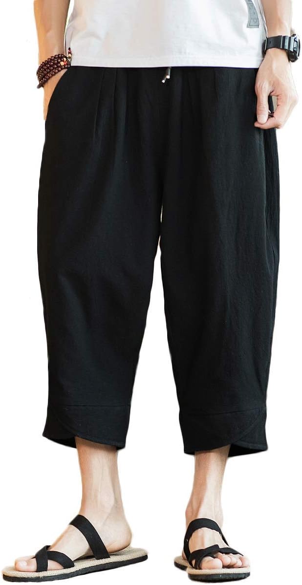 INVACHI Mens Casual Elastic Waist Linen Capri Wide Leg Baggy Harem Pants Trousers