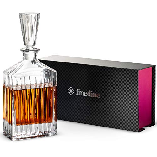 FineDine European Style Glass Whiskey Decanter & Liquor Decanter with Glass Stopper, 30 Oz.- With Magnetic Gift Box - Aristocratic Exquisite Striped Design - Glass Decanter for Alcohol Bourbon Scotch.
