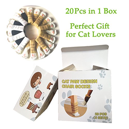 20PCS (5 Sets) Chair Socks Fancy Table Leg Pads with Cute Cat Paws Design, Reliable Furniture and Floor Protector, 4 Different Patterns + 1 Stripe Ginger Pattern - Pack of 20 socks