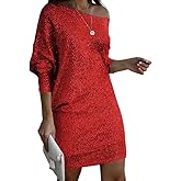 OSCORP Women’s Off Shoulder Sequin Mini Dress – 3/4 Sleeve Relaxed Fit Sparkly Party Cocktail Evening Dress