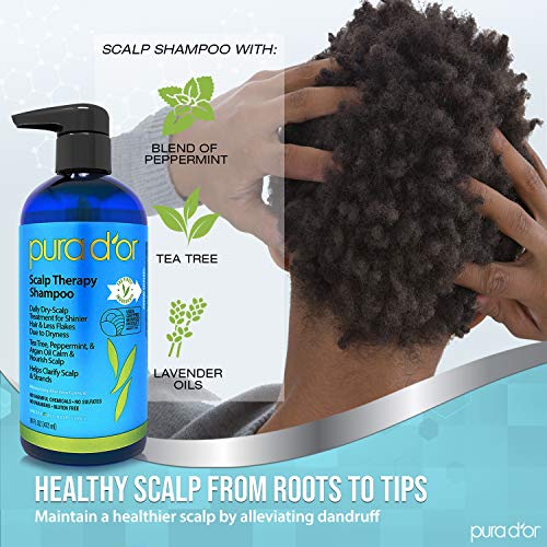 PURA D'OR Scalp Therapy Shampoo - Hydrates & Nourishes Scalp - Scalp Care Shampoo For Itchy Flaky Scalp w/Tea Tree, Peppermint, Patchouli, Cedarwood, Clary Sage, Argan Oil 16oz (Packaging may vary)