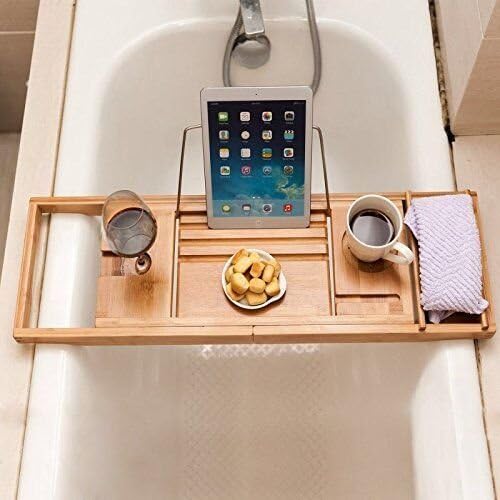 Bamboo Luxury Bathtub Tray,Wooden Bathtub Caddy,Bathroom iPad，Phone，Book，Wine Holder，Enjoy a Happy Bath