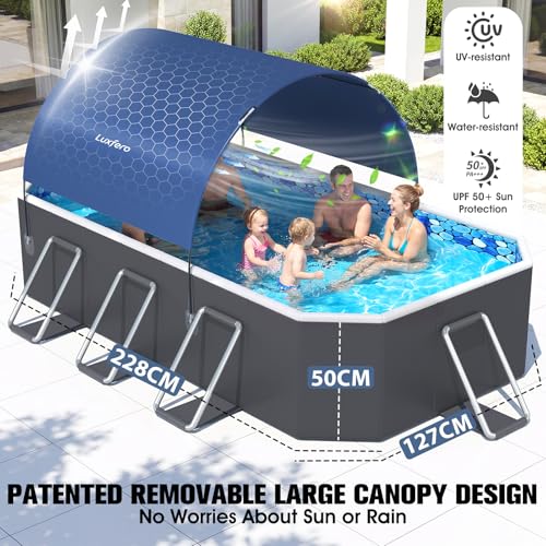 Luxfero Rectangular Tubular Pool with Canopy, Large Foldable Above Ground Pool, Metal Frame Thickened Tubular Pool, Easy to Store & Exhaustion Pool for Garden and Family, 228 x 127 x 50 cm
